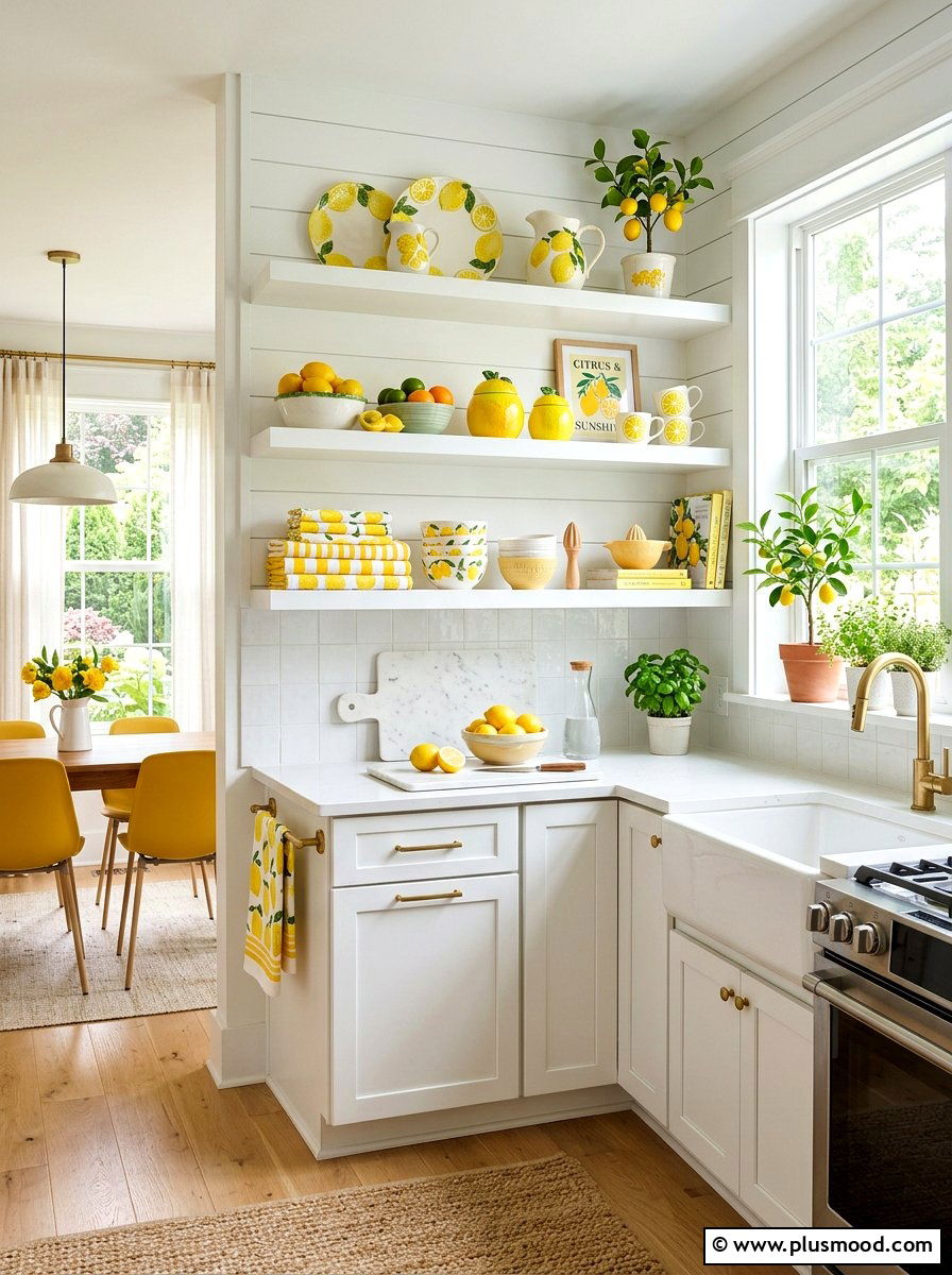 Bright Lemon Themed Kitchen Shelves - 25 summer open shelf summer kitchen ideas