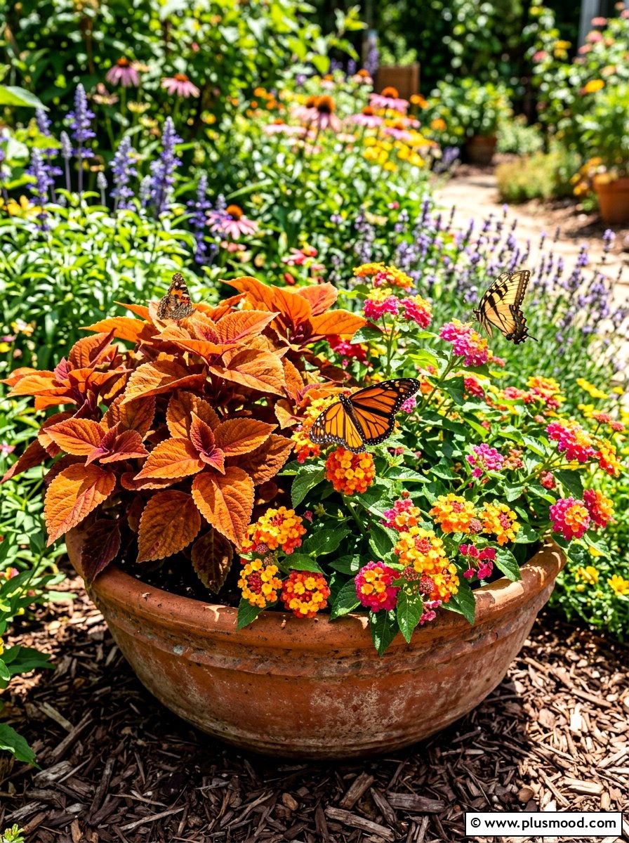 Bright Orange Coleus And Lantana - 25 summer planters with coleus ideas