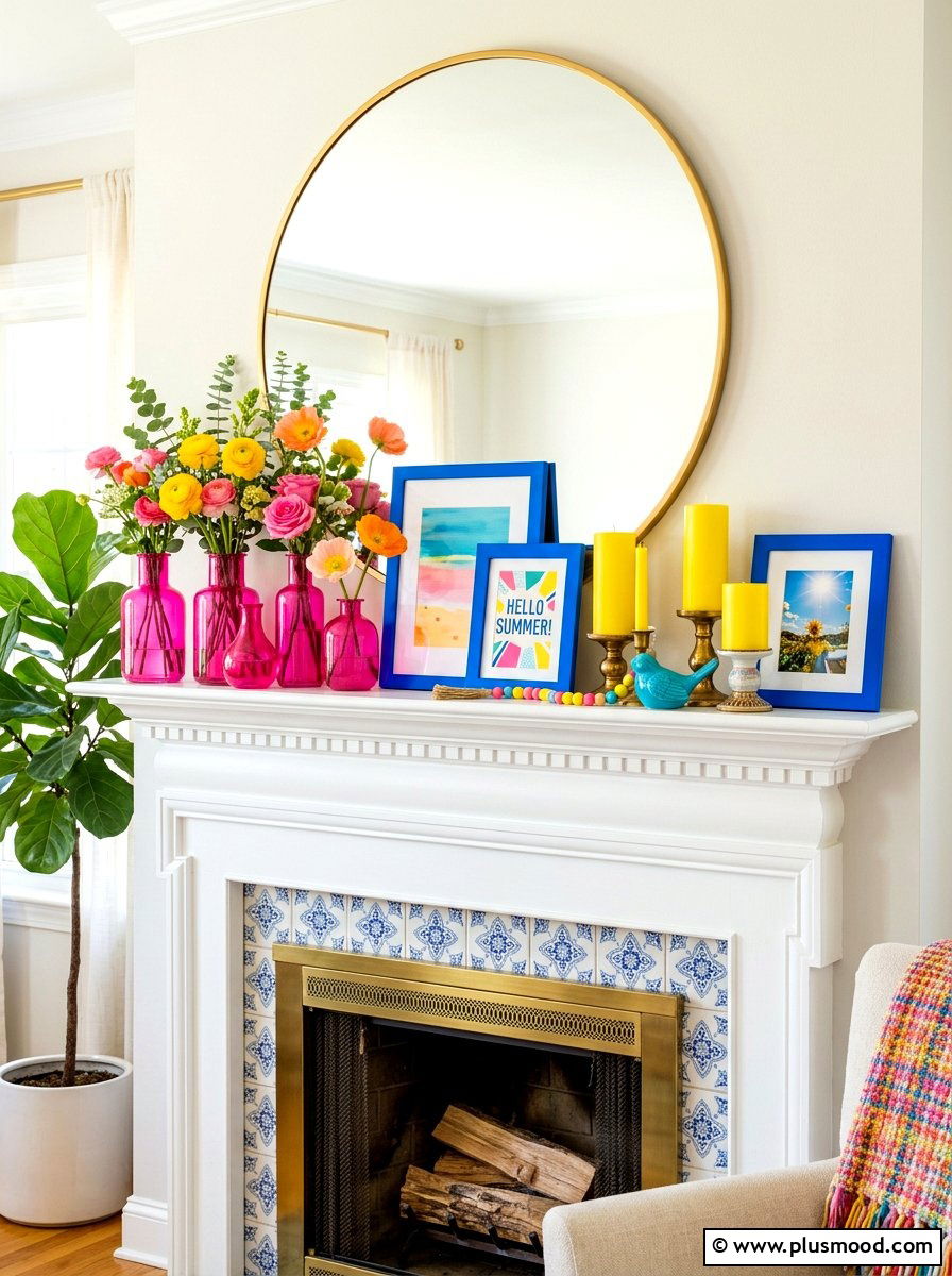 Bright Summer Mantel - 25 summer mantel ideas for living room