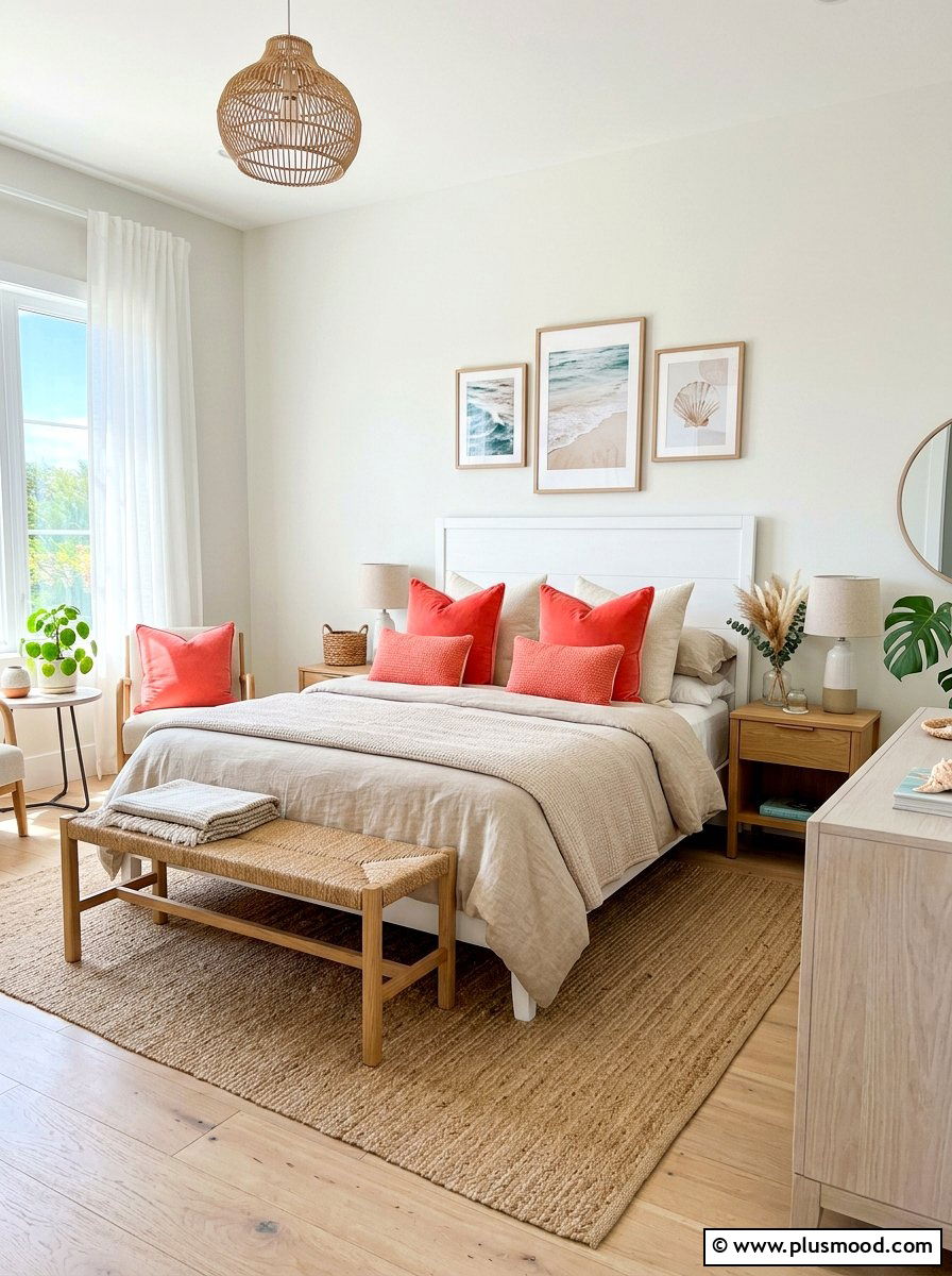 Bright coral pillows - 25 summer pillow ideas for bedroom