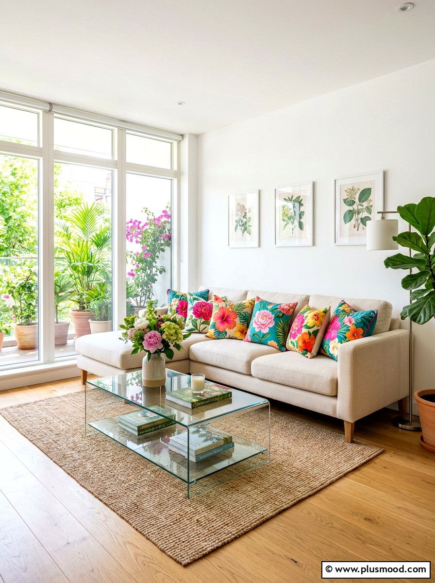 Bright floral throw pillows - 25 summer living room styling ideas
