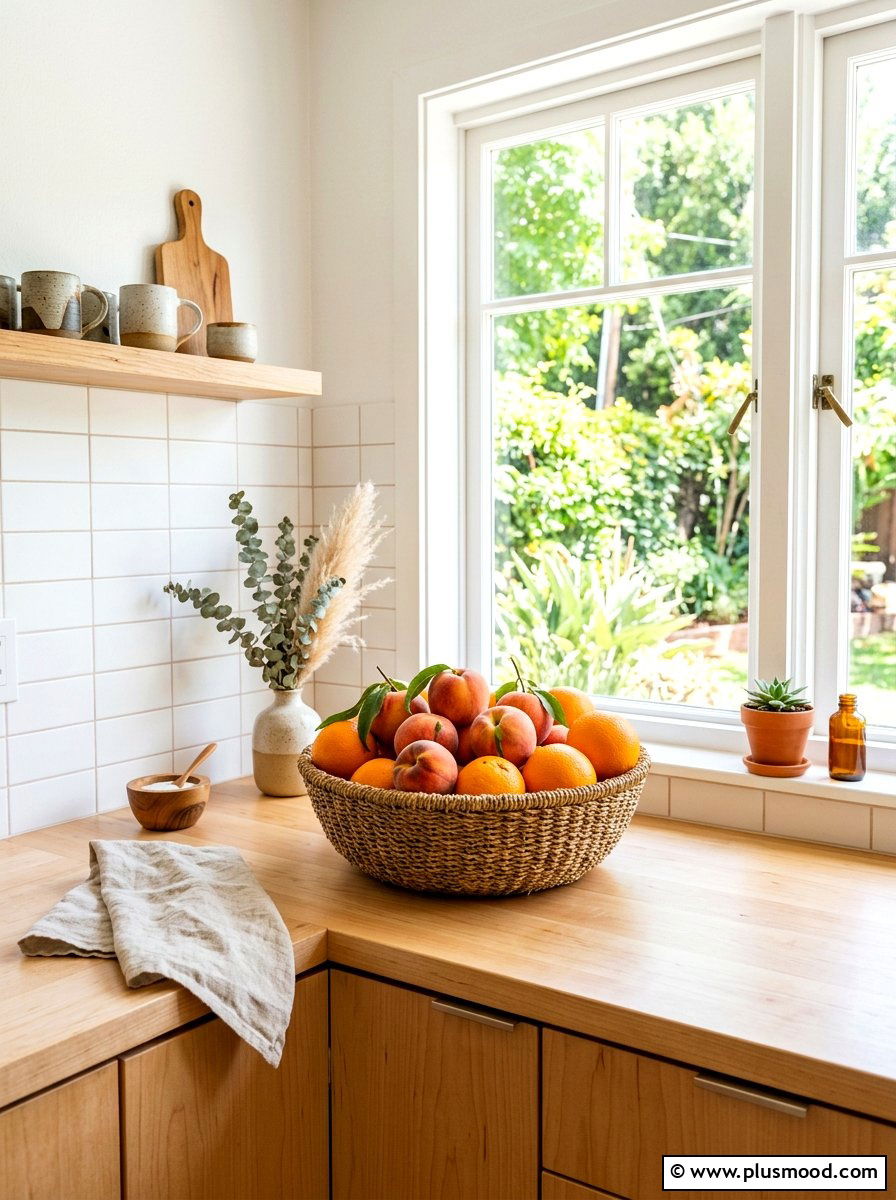 Bright fruit bowl - 25 summer kitchen window decor ideas