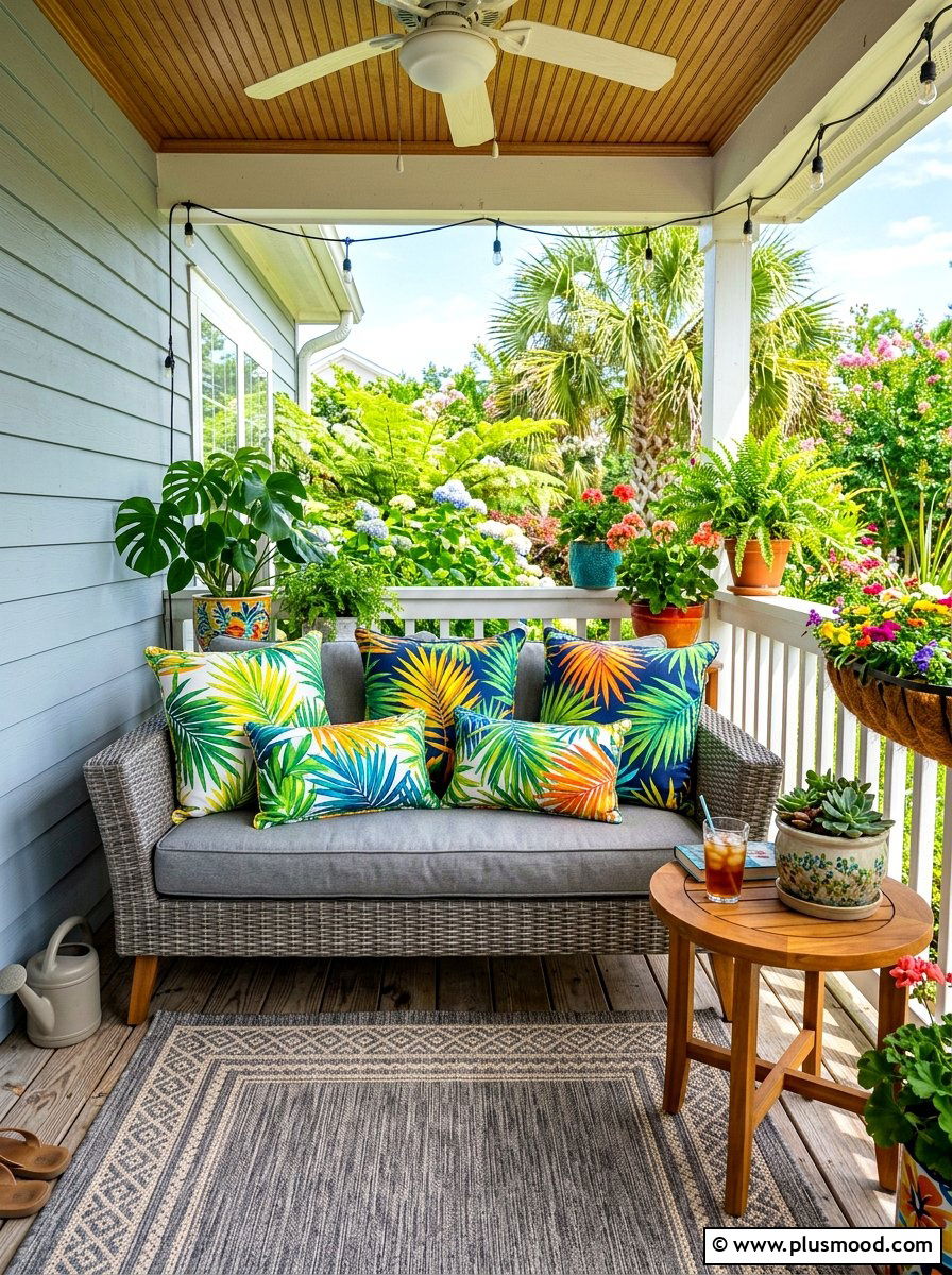 Bright outdoor throw pillows - 25 summer small porch curb appeal ideas