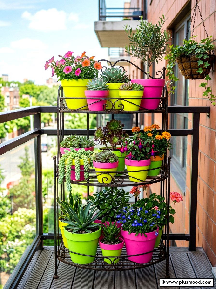 Bright painted pots - 25 summer colorful balcony ideas