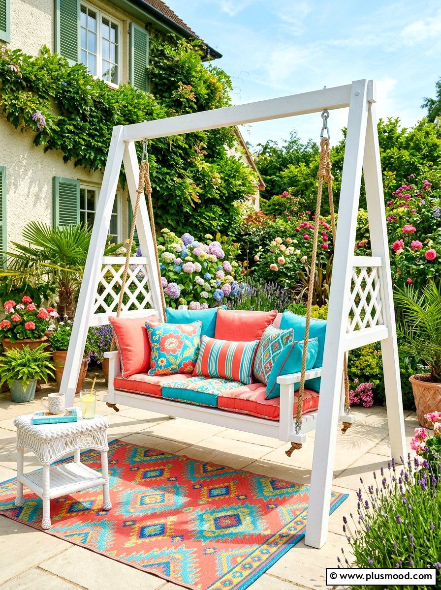 Bright summer cushion swing - 25 summer porch swing curb appeal ideas