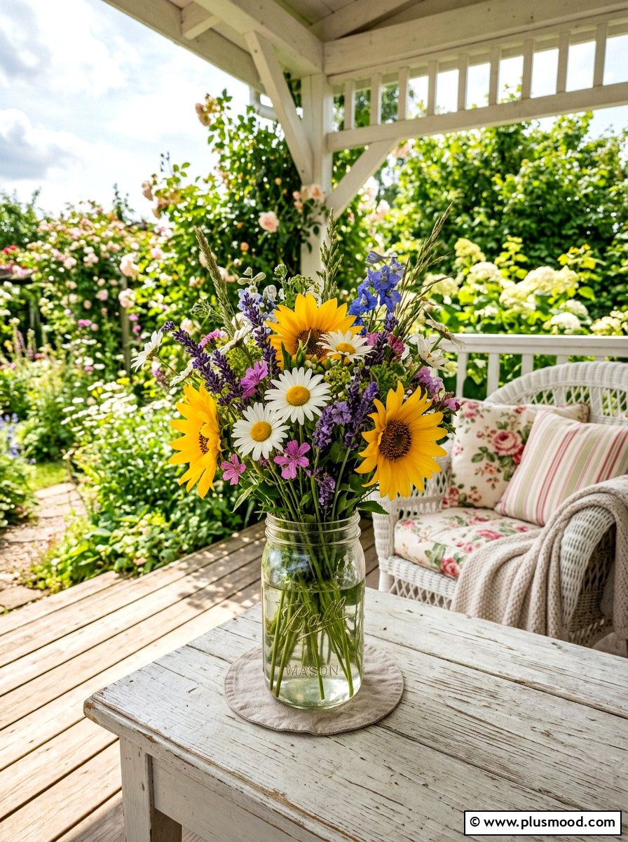 Bright wildflower bouquet in Mason jar 1 - 25 summer porch table decor ideas