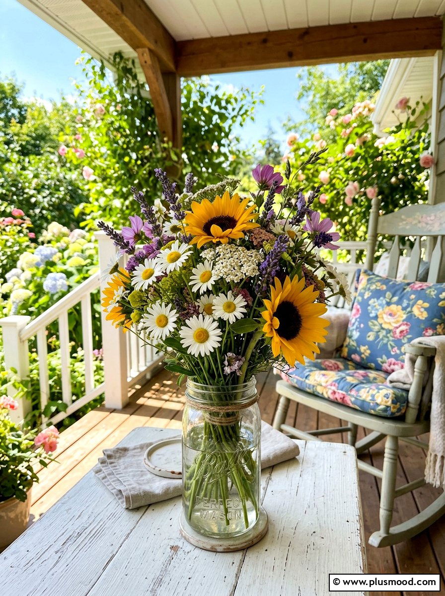 Bright wildflower bouquet in Mason jar - 25 summer porch table decor ideas