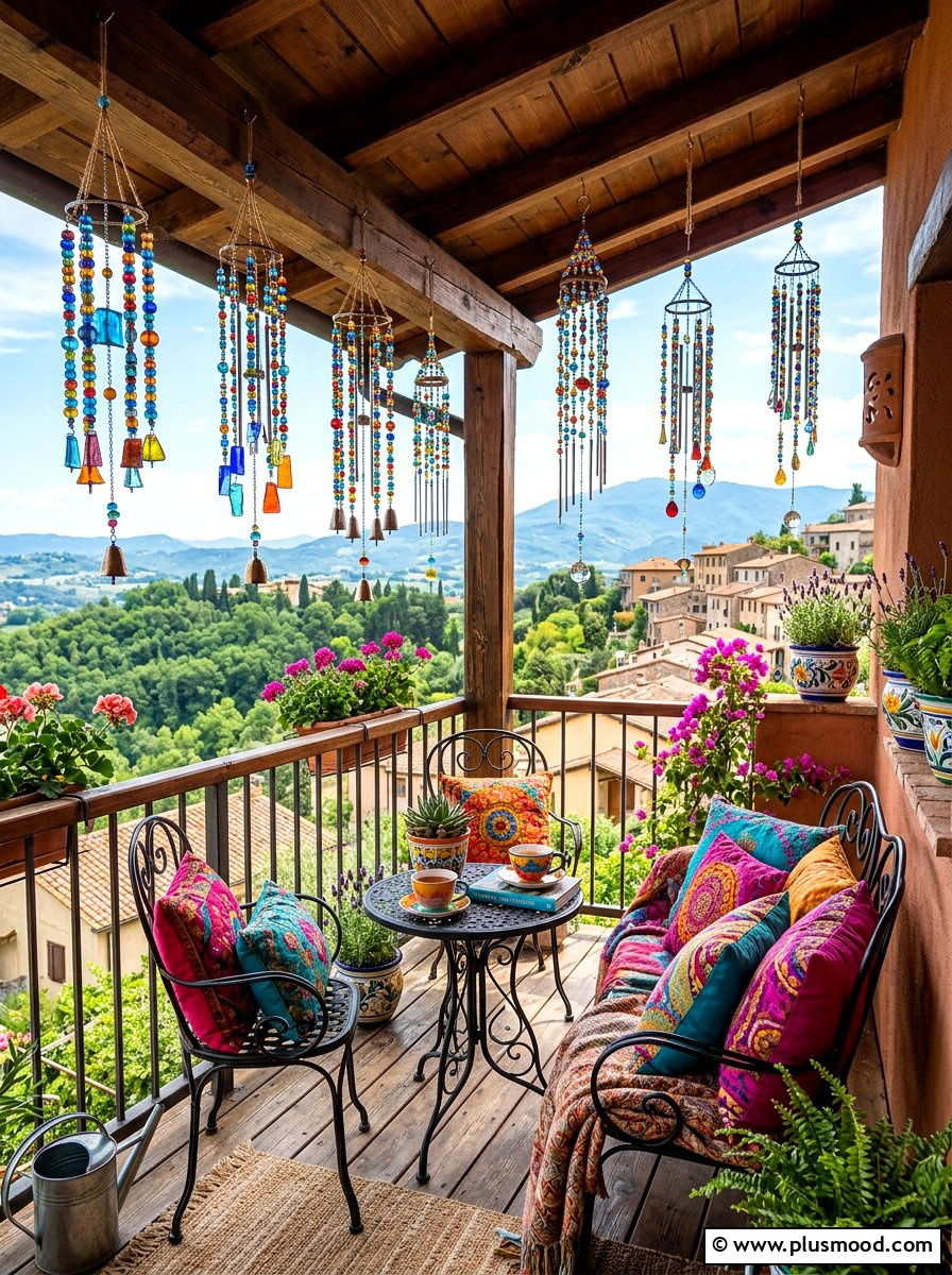 Bright wind chimes - 25 summer colorful balcony ideas