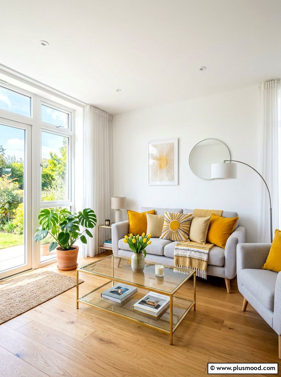 Bright yellow sunburst living room - 25 summer throw pillow ideas for living room