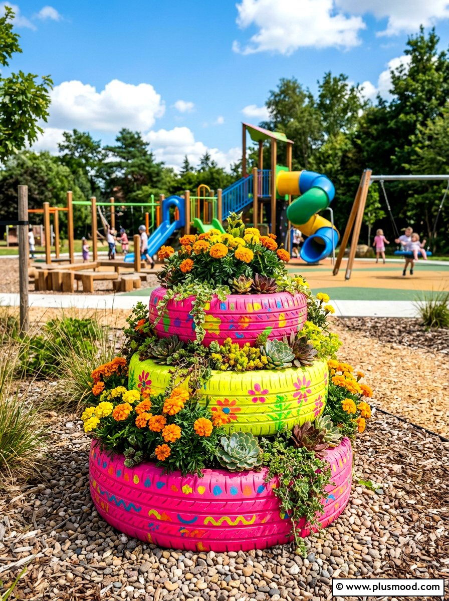 Brightly painted tire garden feature - 25 summer backyard planter ideas