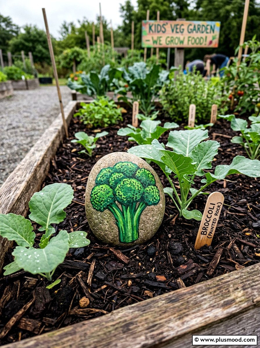 Broccoli rock painting - 25 painted rock ideas with vegetable garden labels