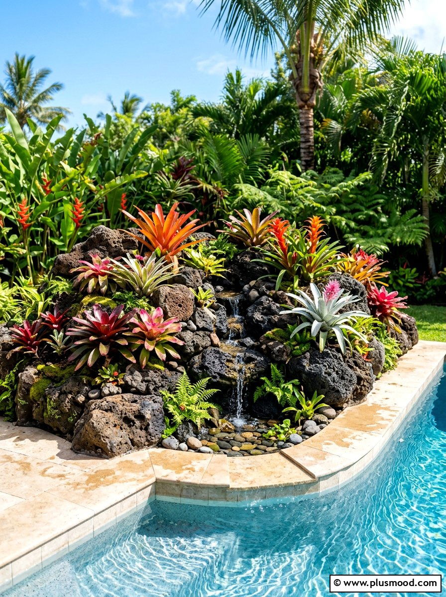 Bromeliad pool rockery - 25 pool landscaping ideas with tropical plants