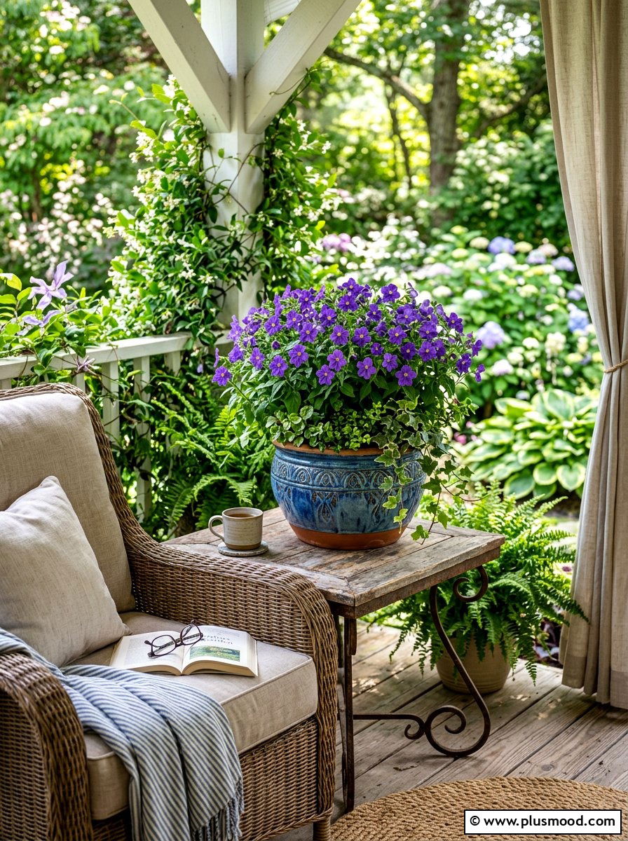 Browallia Purple Flower Pot - 25 summer planter ideas for part shade