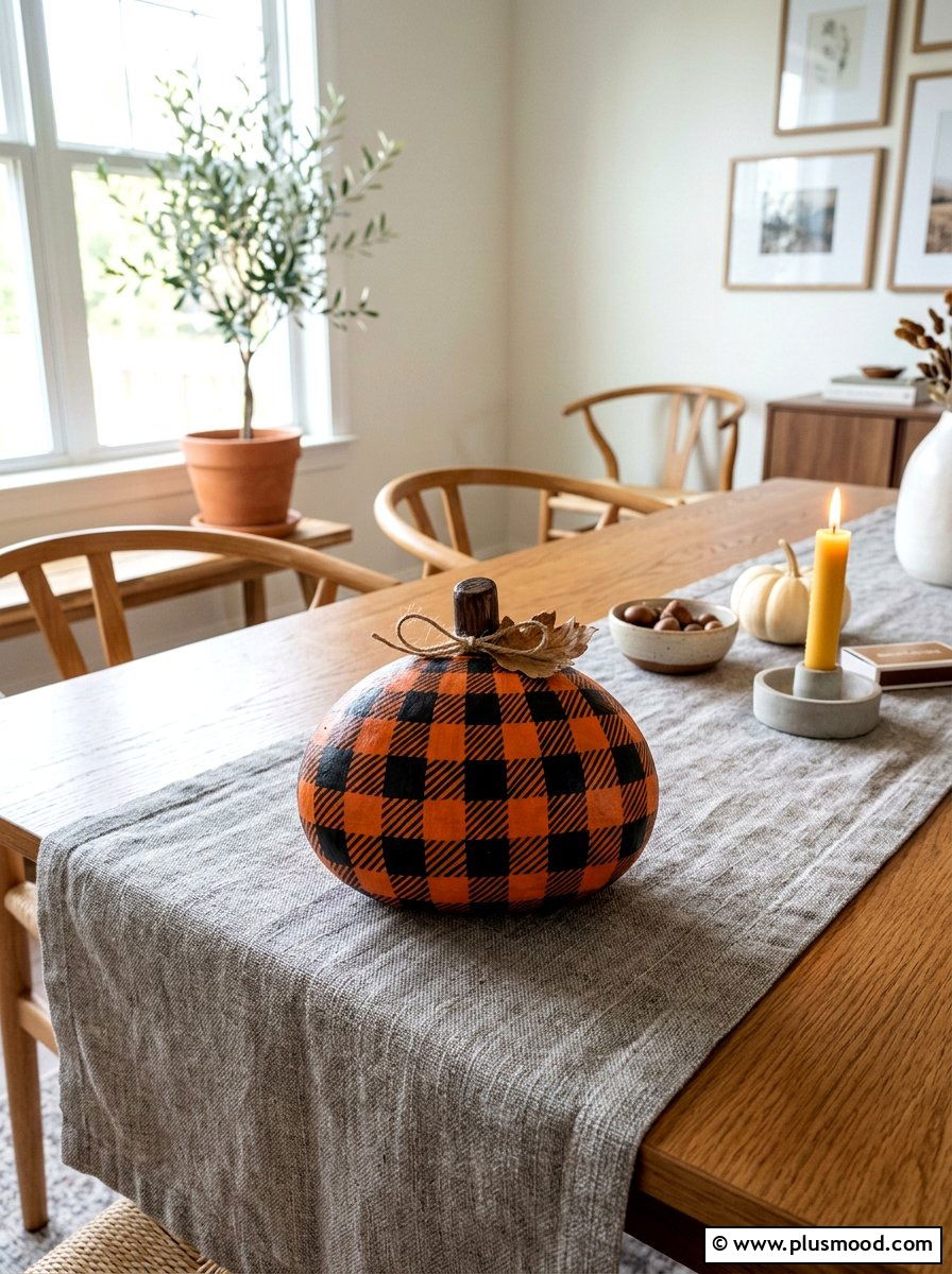 Buffalo plaid pumpkin rock - 25 painted rock ideas with pumpkin art