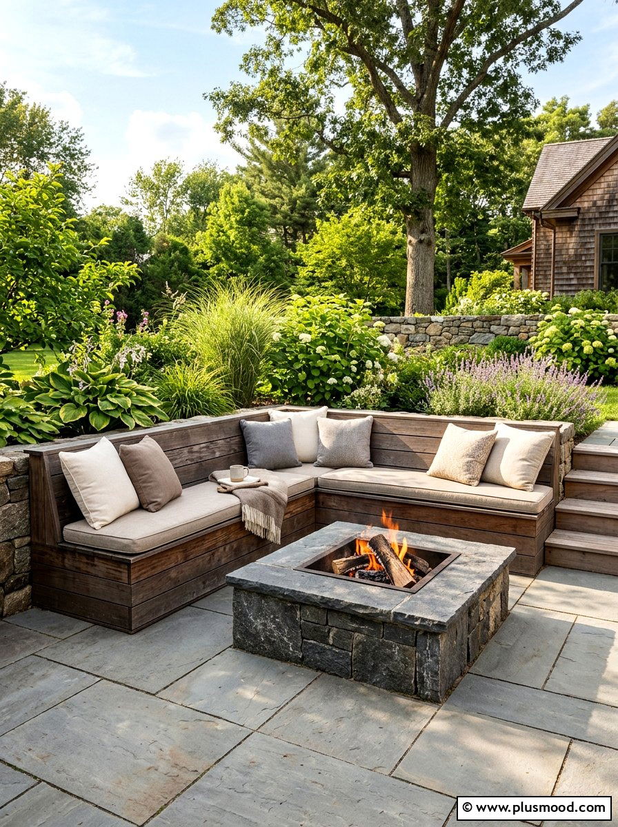 Built In Bench Seating - 25 small backyard ideas with fire pit