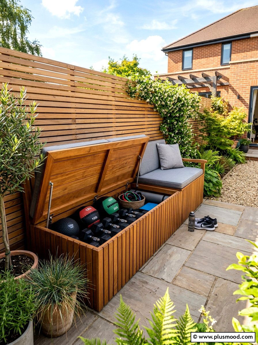 Built In Bench Storage Gym - 25 small backyard ideas with outdoor gym