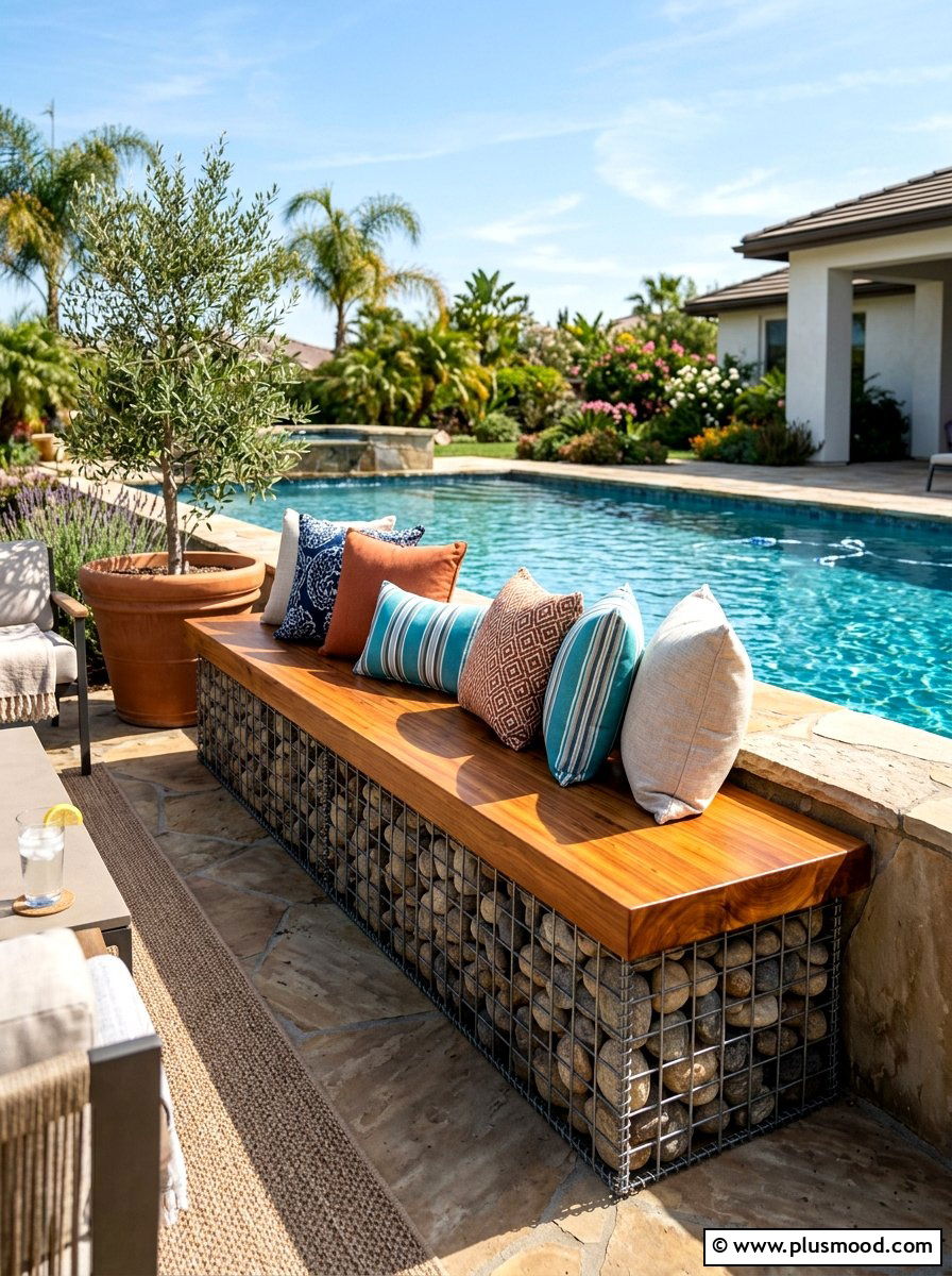 Built In Gabion Bench Seating - 25 pool landscaping ideas with gabion walls