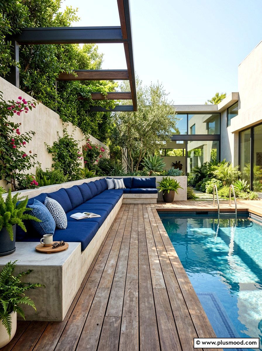 Built In Seating - 25 pool landscaping ideas for courtyard pools