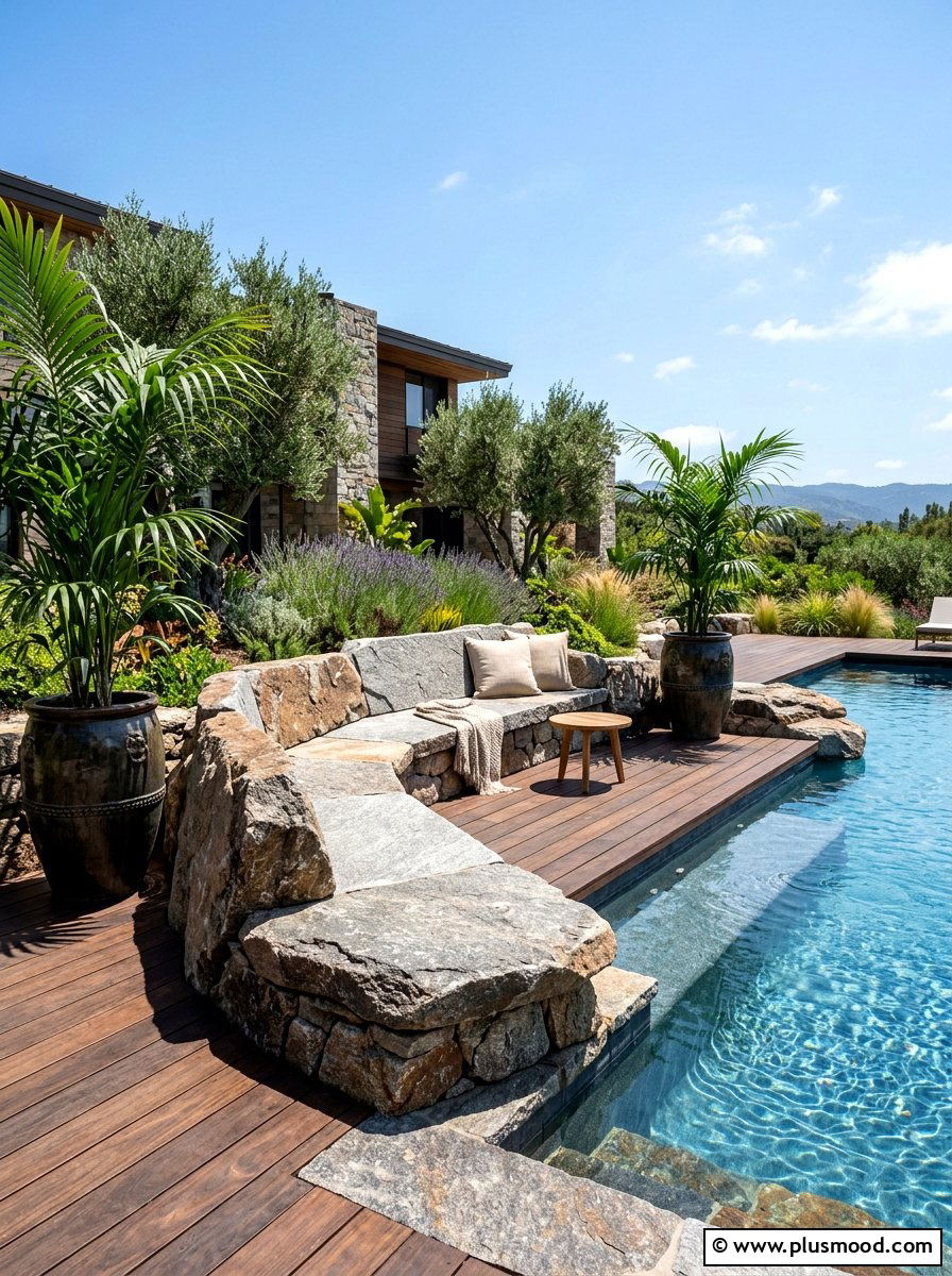 Built In Stone Bench - 25 pool landscaping ideas with boulders