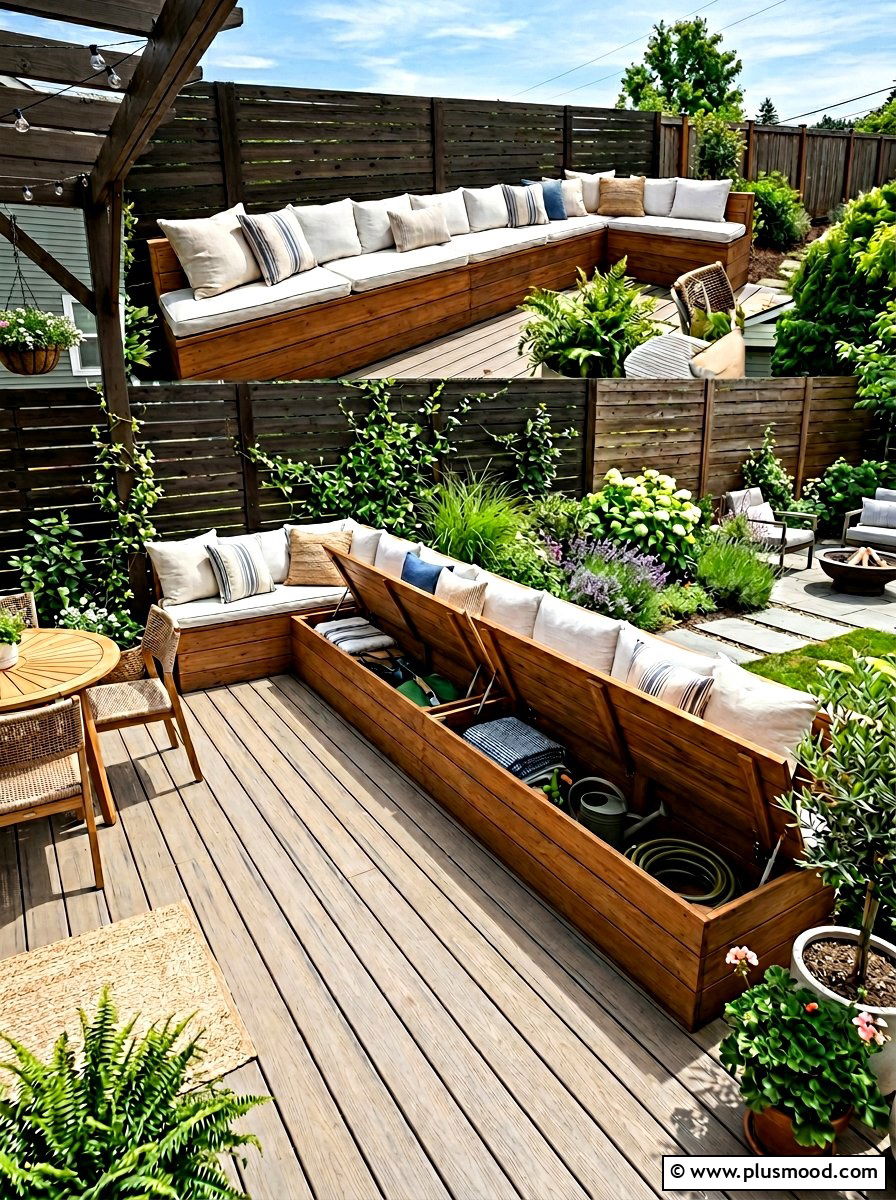 Built In Storage Bench - 25 small backyard ideas for apartments with fence