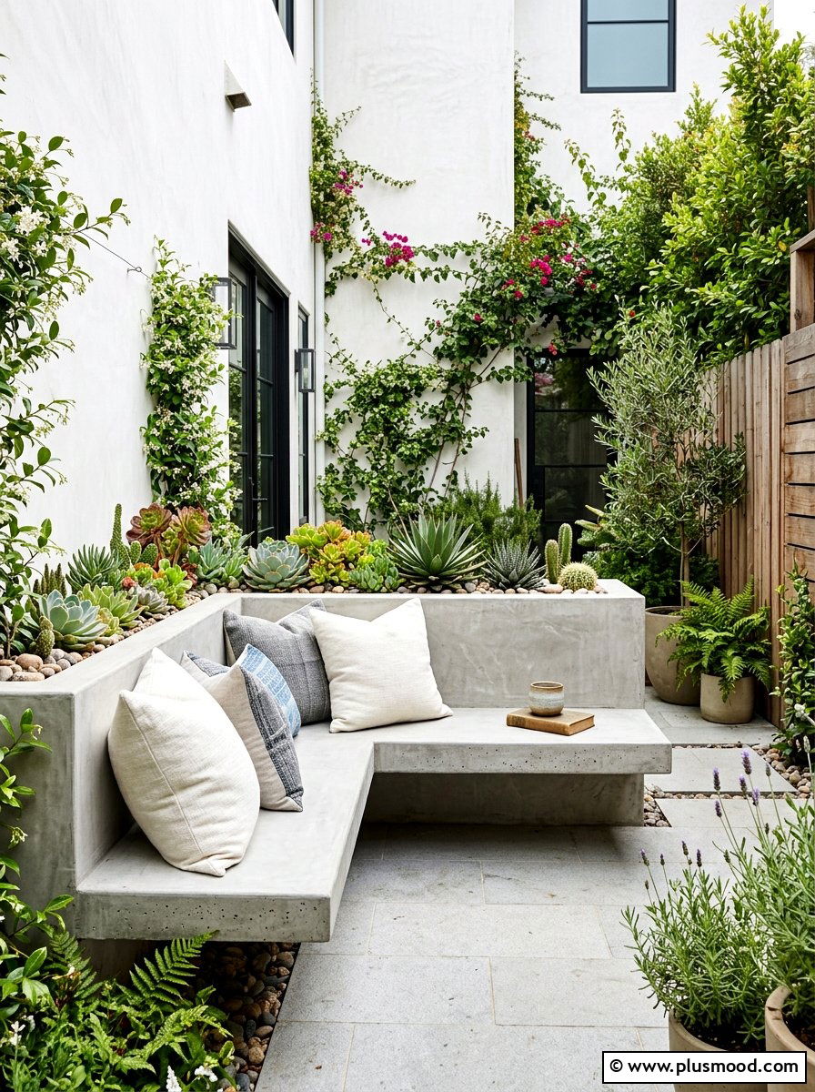 Built in Concrete Bench - 25 summer patio ideas for small spaces