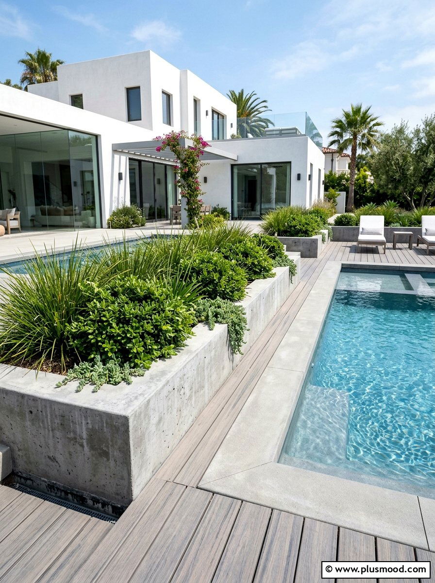 Built in Concrete Pool Planter - 25 pool landscaping ideas low maintenance