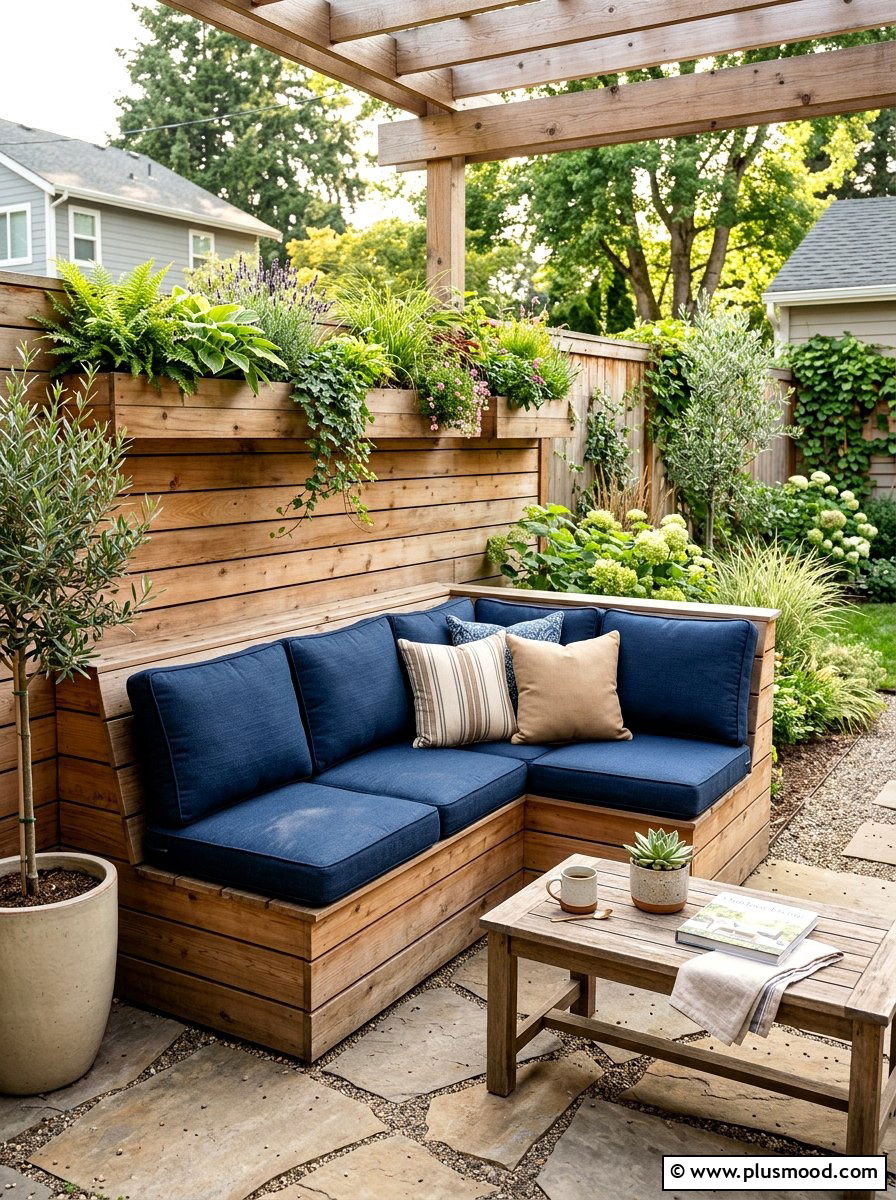 Built in Wooden Bench Sofa - 25 small backyard ideas with outdoor sofa