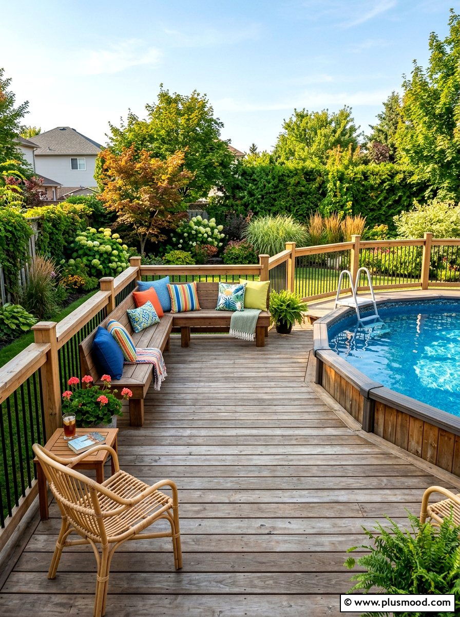 Built in bench pool deck - 25 pool landscaping ideas for above ground pools