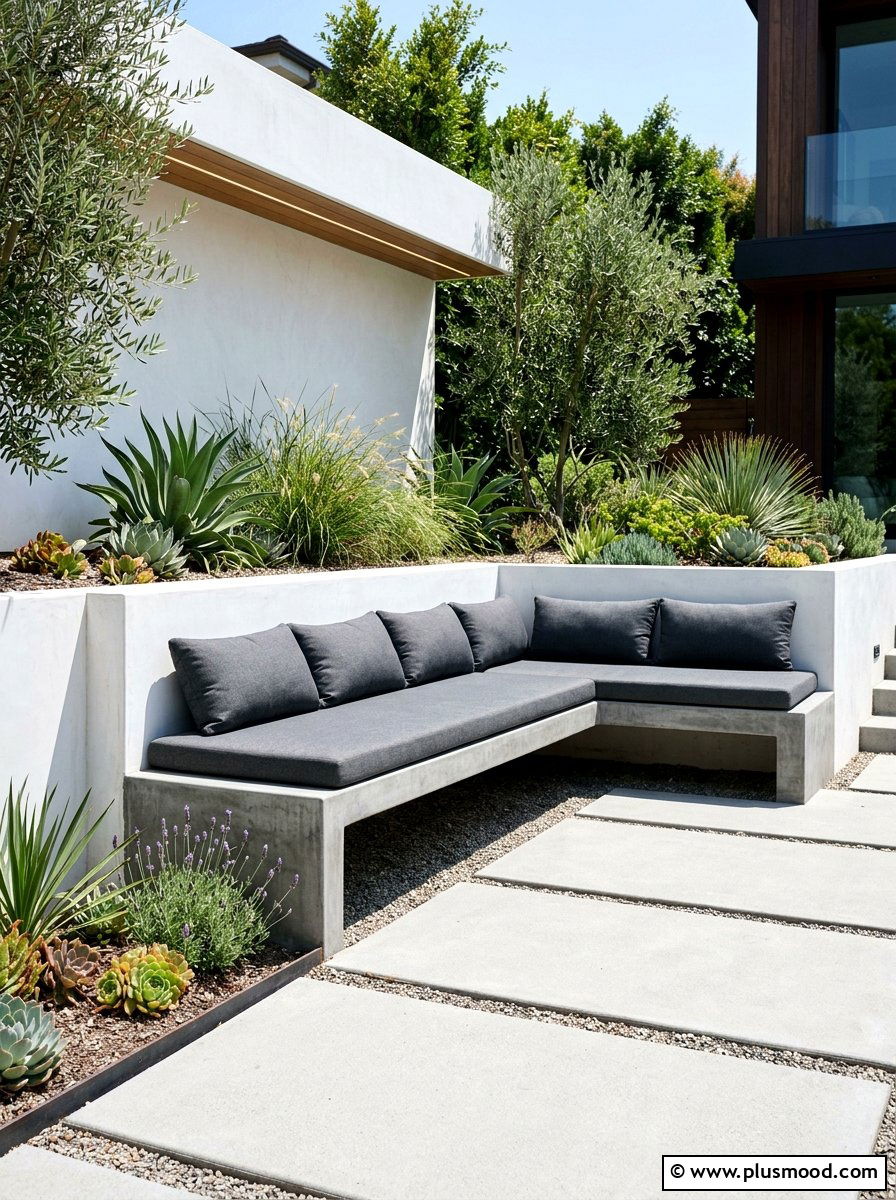 Built in concrete bench - 25 small backyard ideas for minimalist style