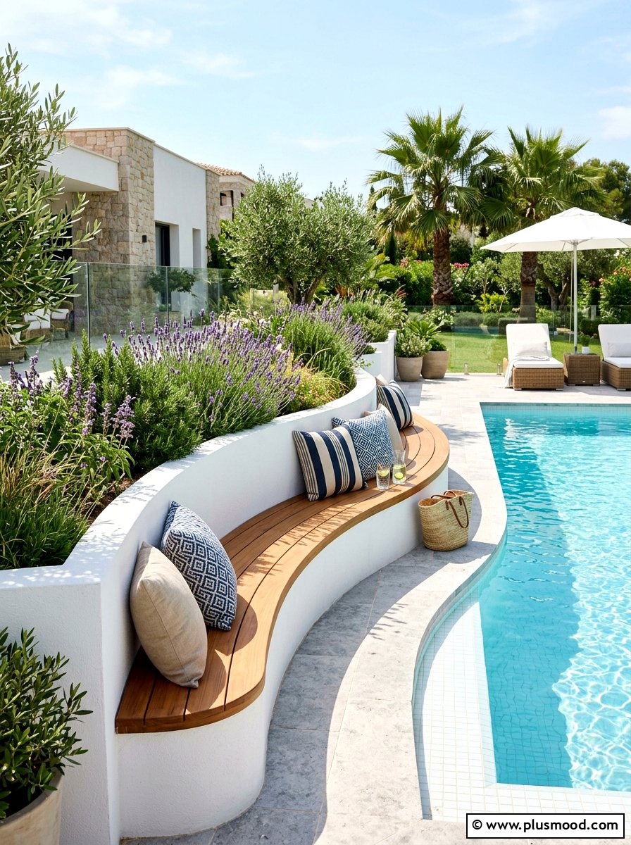 Built in pool planter seating - 25 pool landscaping ideas with curved planters