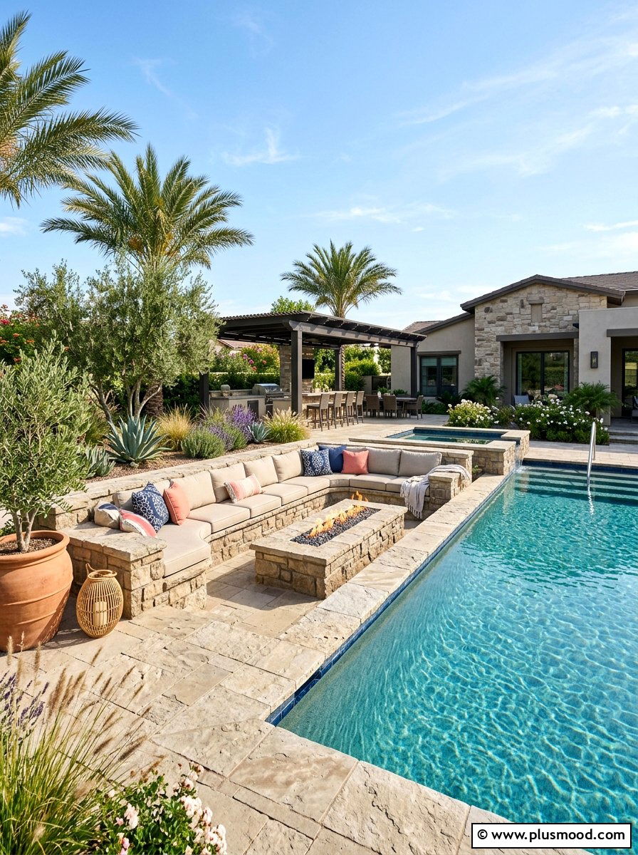 Built in pool seating - 25 pool landscaping ideas with pavers