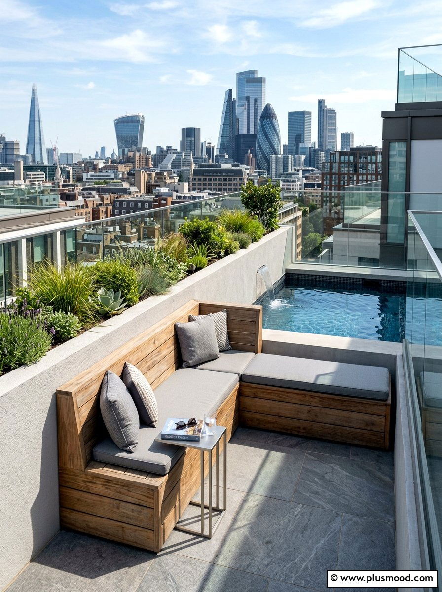Built in seating - 25 pool landscaping ideas for rooftop pools