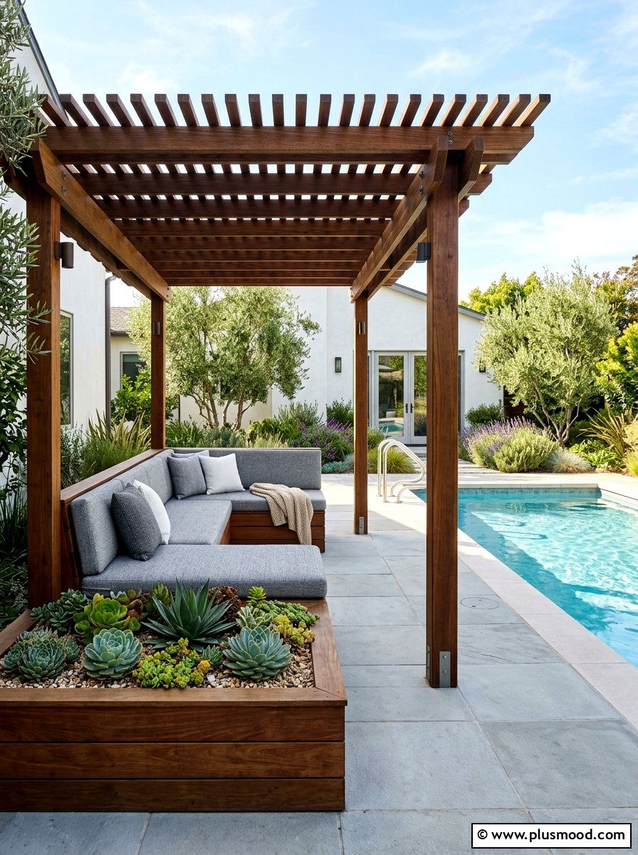 Built in seating pool pergola - 25 pool landscaping ideas with pergola shade