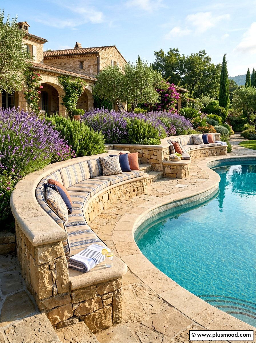 Built in stone pool benches - 25 pool landscaping ideas with outdoor seating