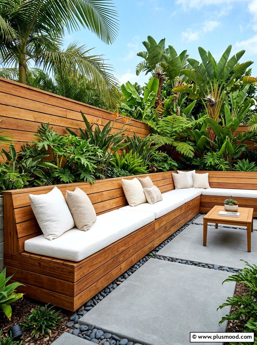 Built in wood seating - 25 small backyard ideas for tropical theme