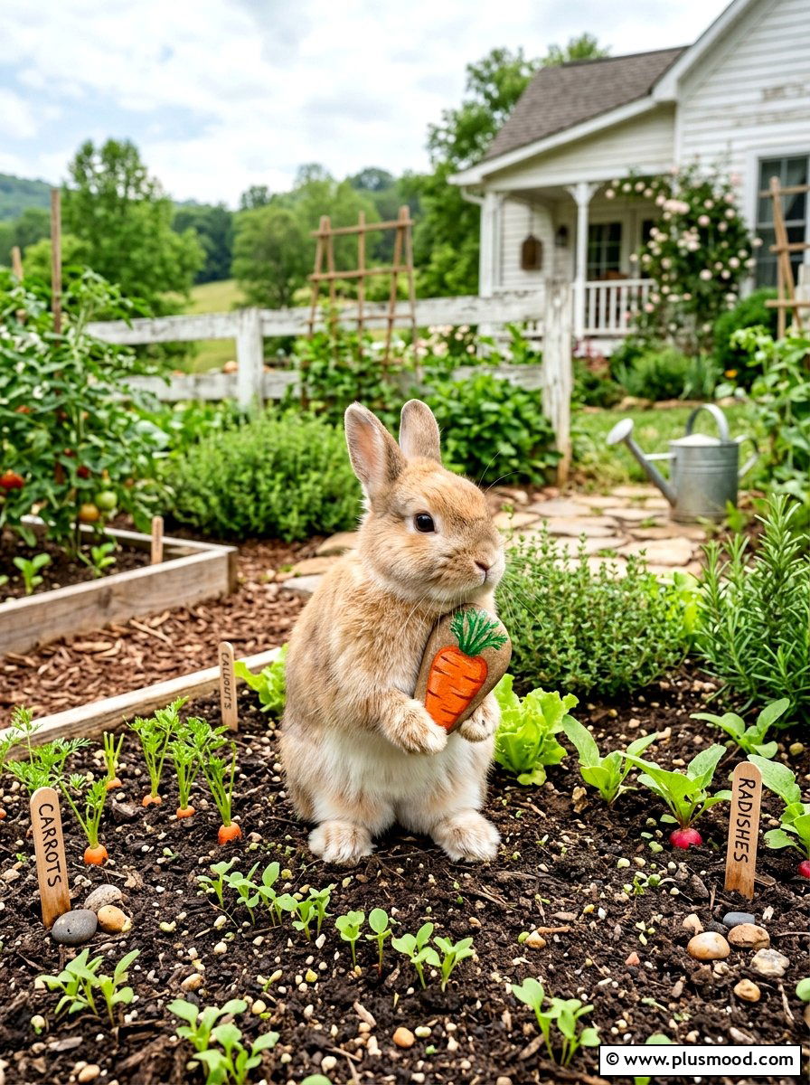 Bunny Holding Carrot Painted Rock - 25 painted rock ideas with Easter bunny