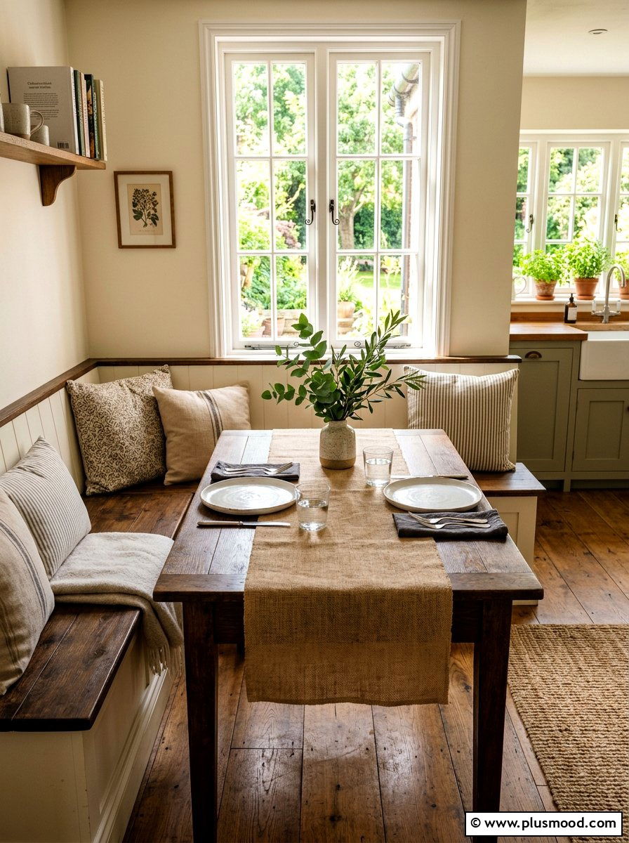 Burlap Breakfast Nook Setting - 25 late summer kitchen decor ideas