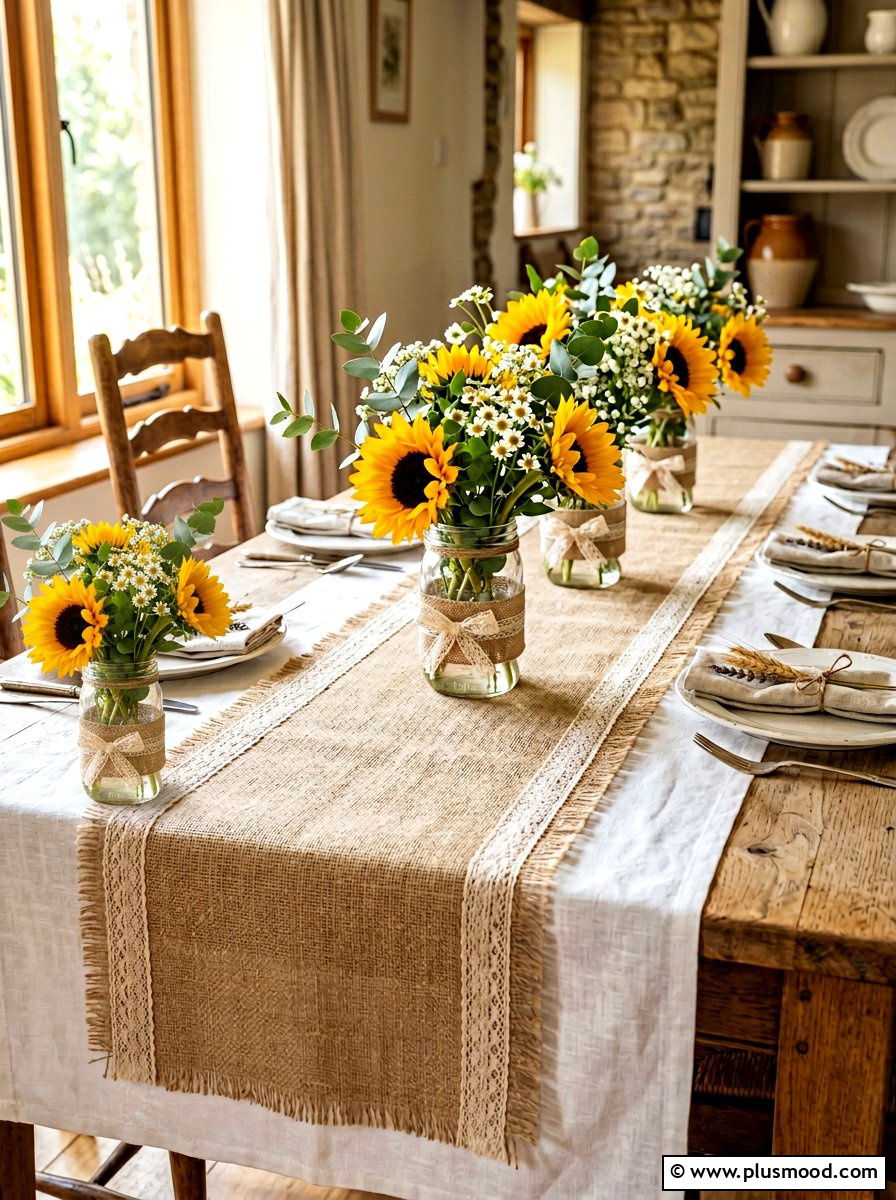 Burlap table runners - 25 late summer party decor ideas