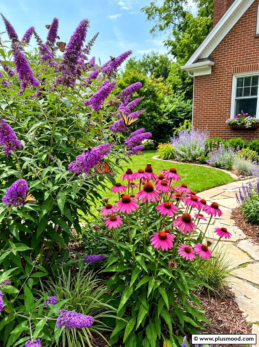 Butterfly Bush And Coneflower Garden - 25 summer flower bed ideas for front yard