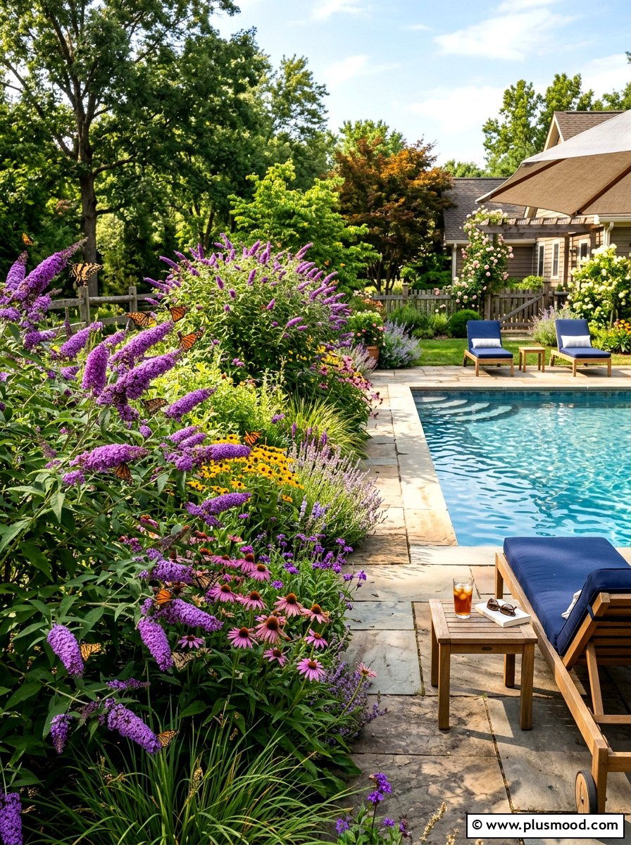 Butterfly bush summer garden - 25 pool landscaping ideas with shrubs