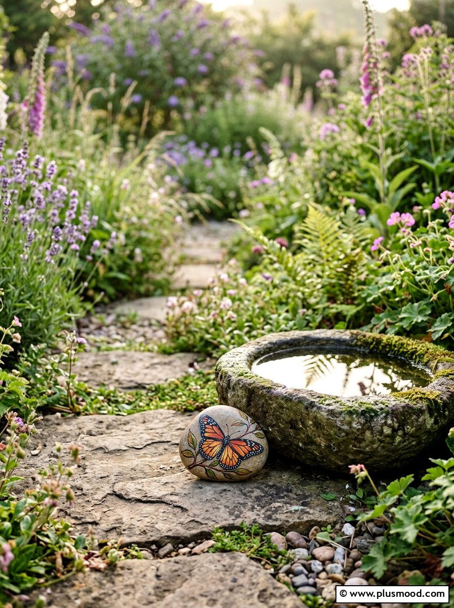 Butterfly on branch painting - 25 painted rock ideas for Japanese garden