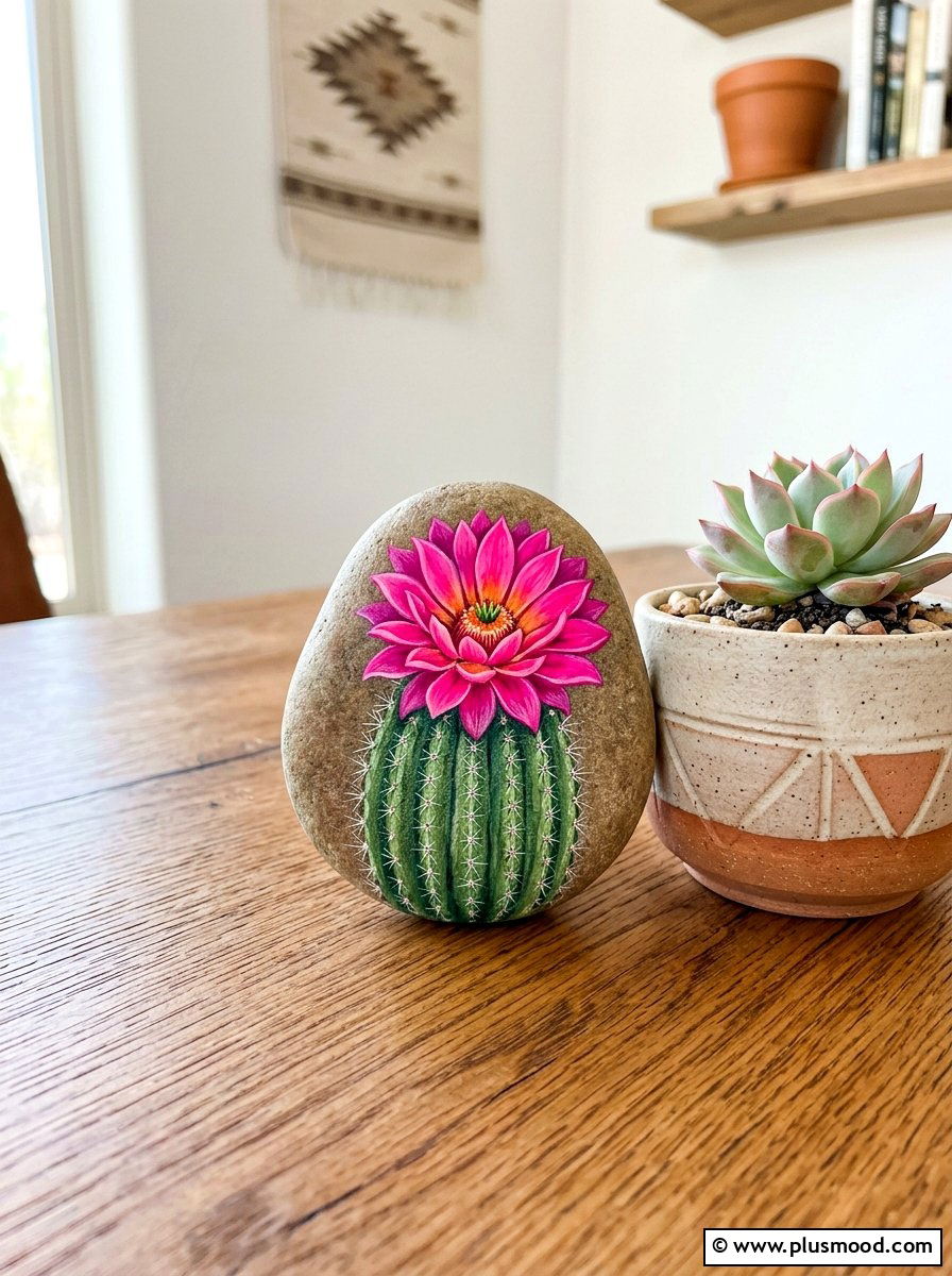 Cactus Flower Rock - 25 painted rock ideas with flowers