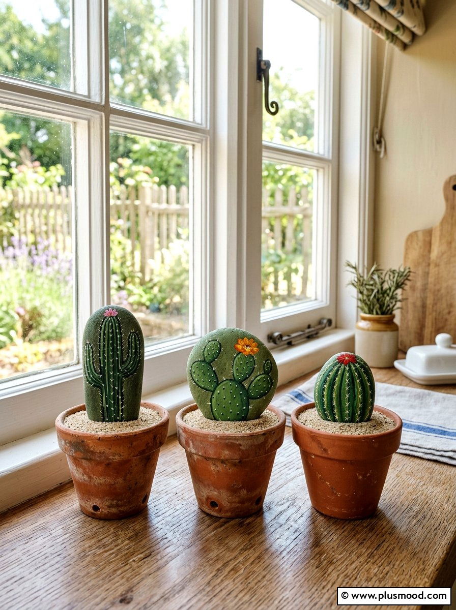 Cactus Painted Rocks - 25 painted rock ideas for tabletop display