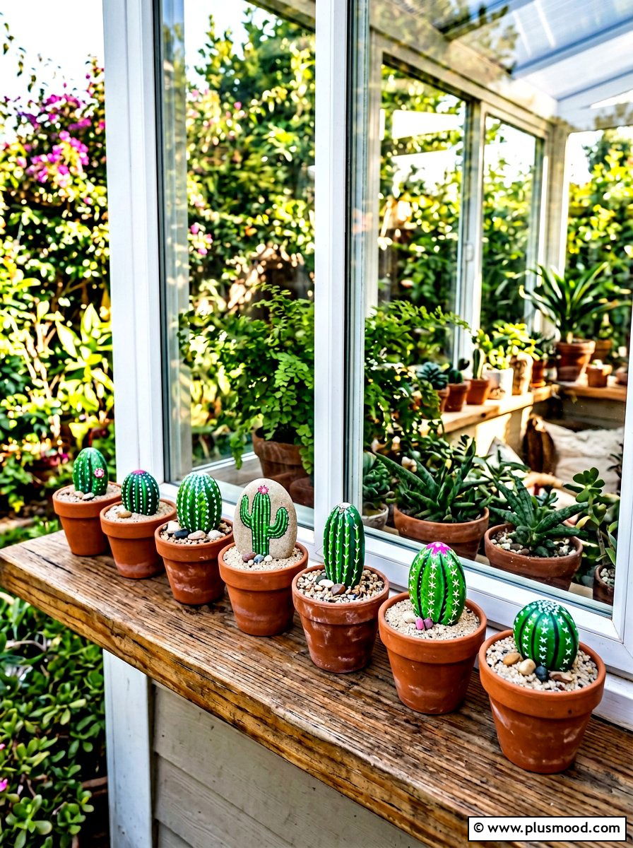 Cactus Painted Stones - 25 painted rock ideas for window sill display