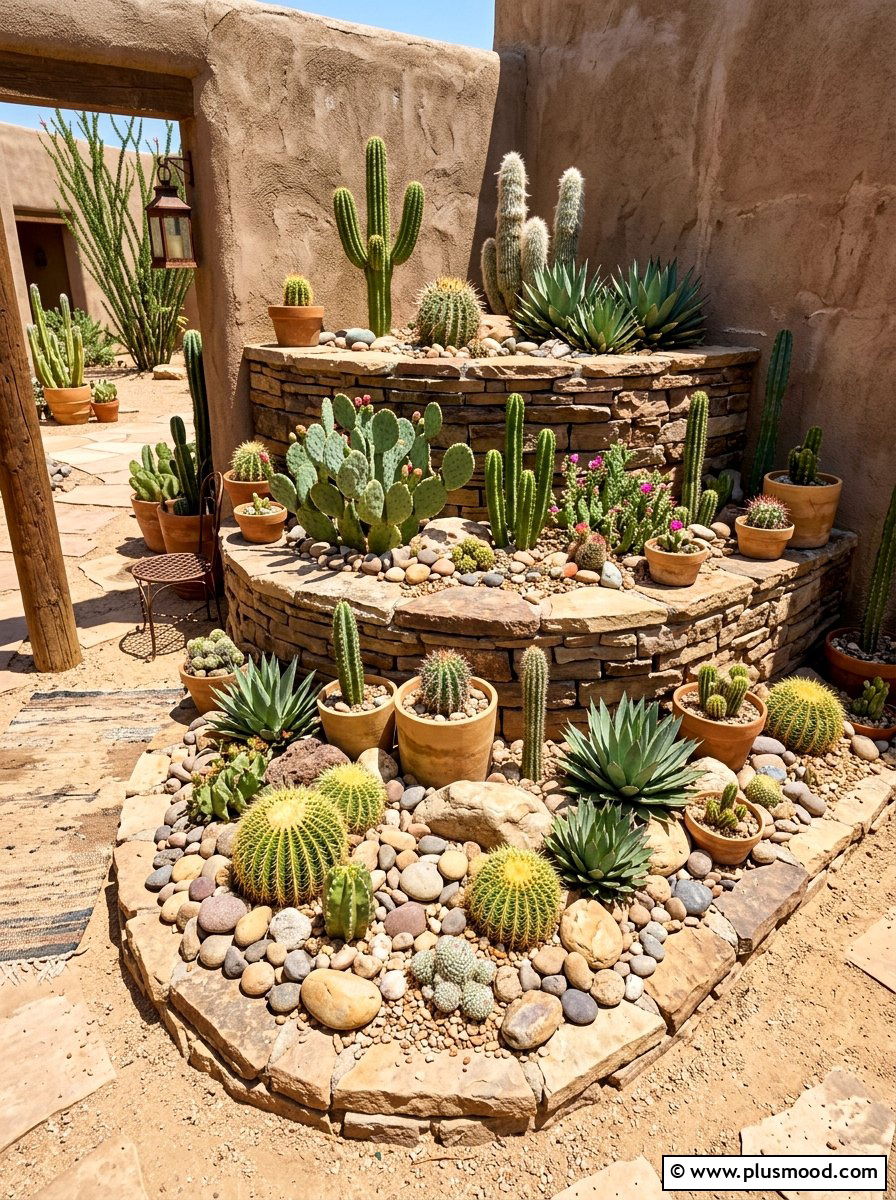 Cactus and rock stacked garden - 25 summer stacked planter ideas
