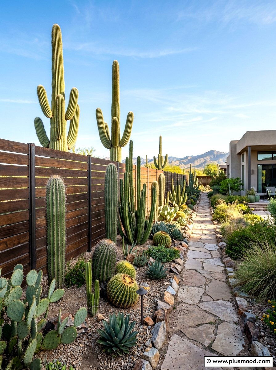 Cactus fence line - 25 small backyard ideas with cactus garden
