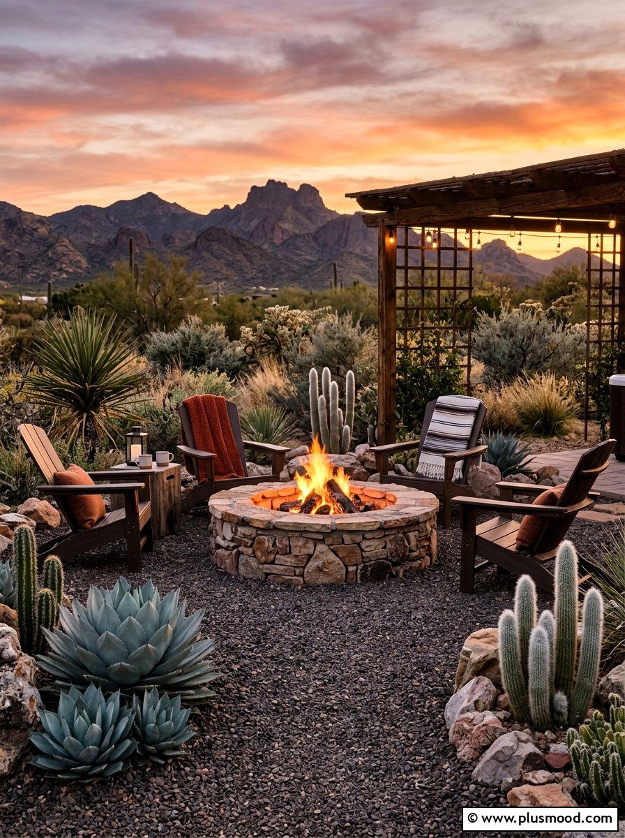 Cactus fire pit area - 25 small backyard ideas with cactus garden
