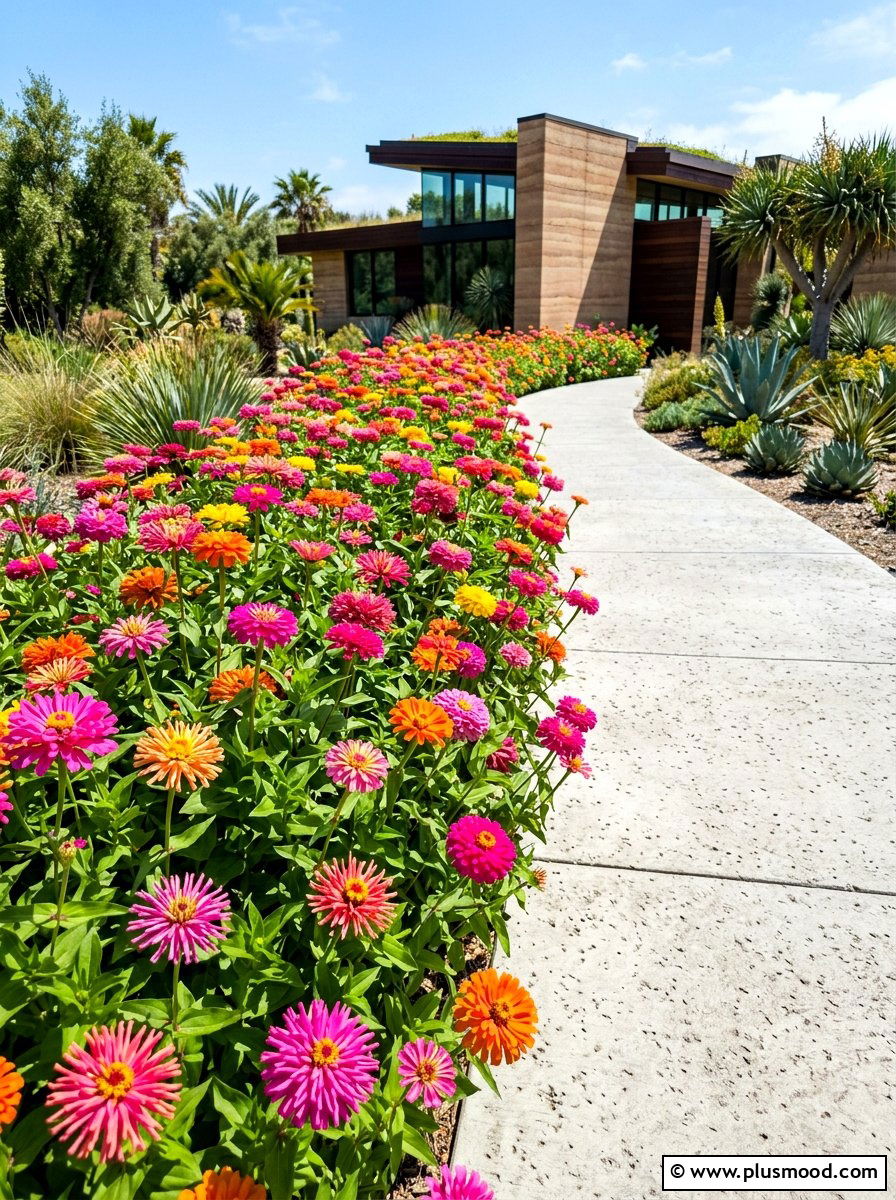 Cactus flowered zinnia border - 25 summer zinnia garden ideas