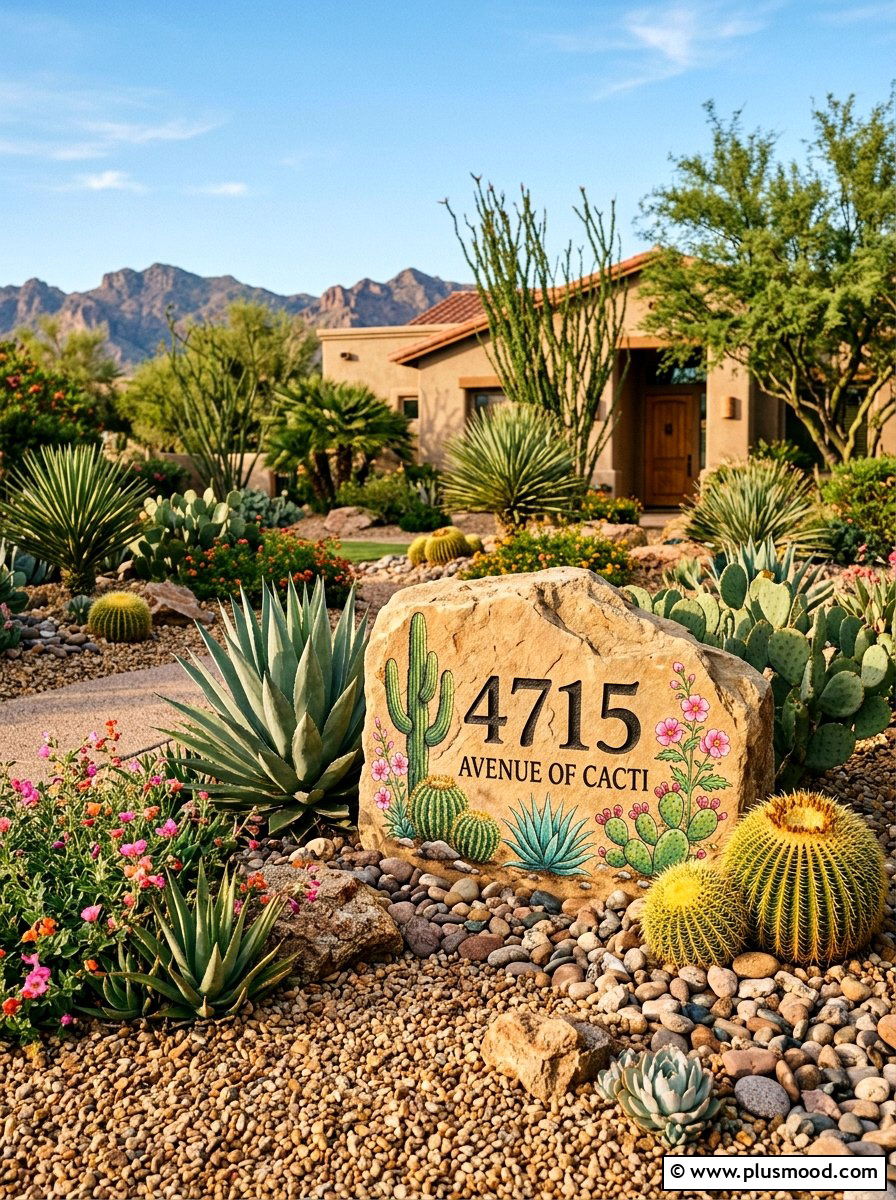 Cactus garden address stone - 25 painted rock ideas for address markers