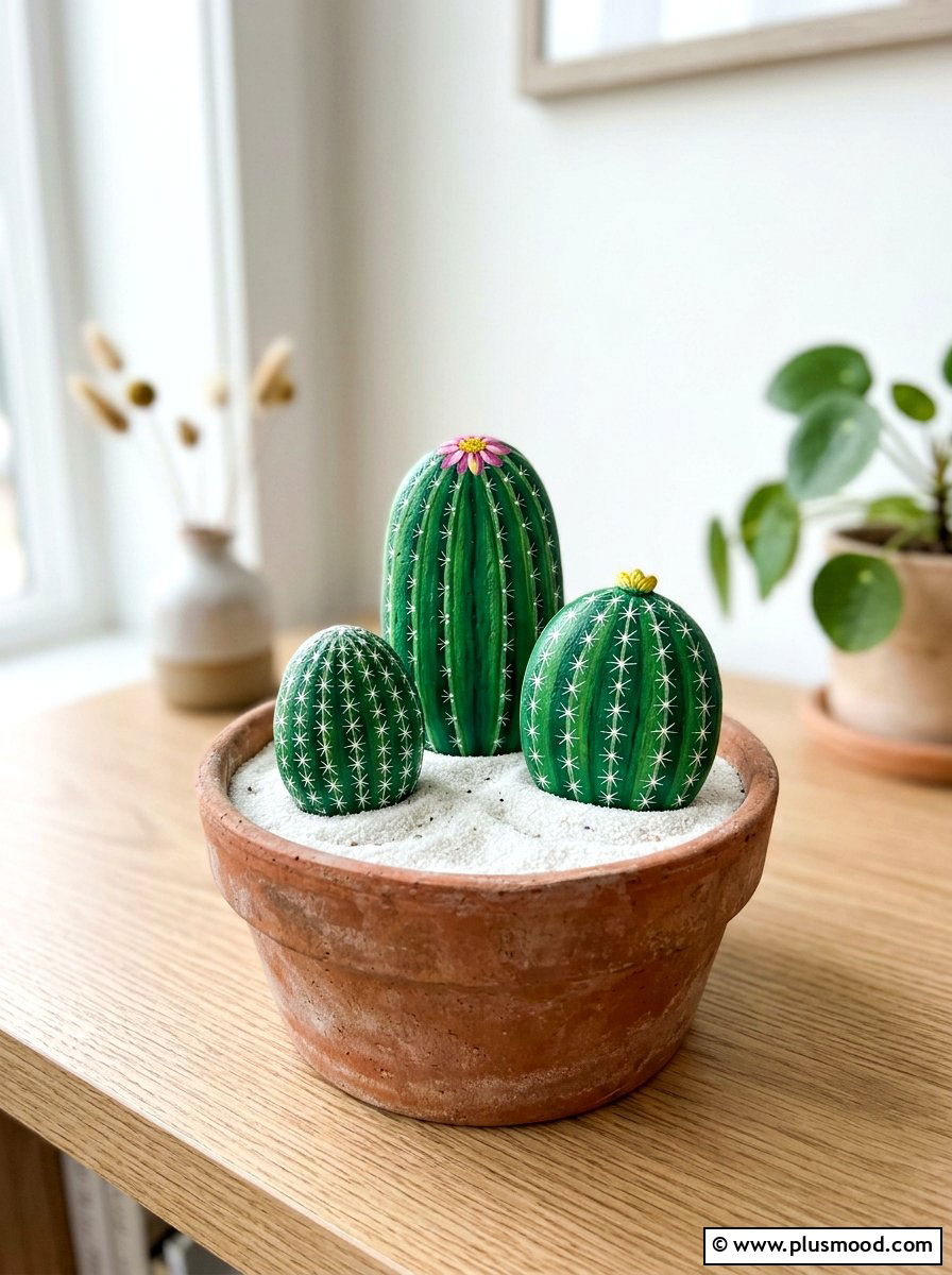 Cactus painted rock - 25 painted rock ideas for beginners